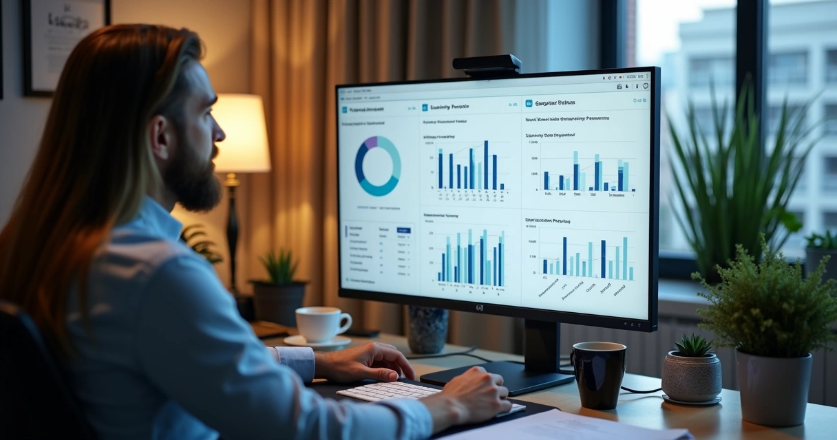Dashboard de relatórios de gestão imobiliária em tela de computador 