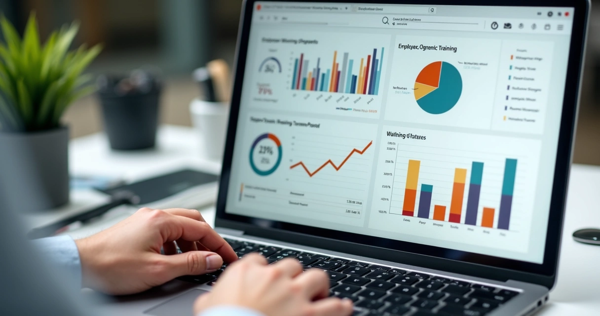 Tela de relatório de desempenho de treinamento corporativo em LMS, gráficos coloridos em notebook