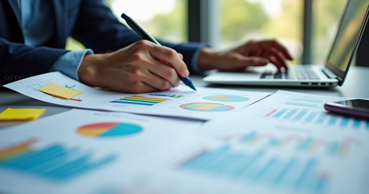 Gestor analisando relatório impresso com gráficos de desempenho 