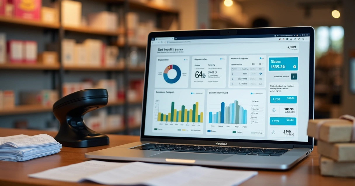 Relatório sobre giro de estoque aberto em um notebook no balcão de uma loja 