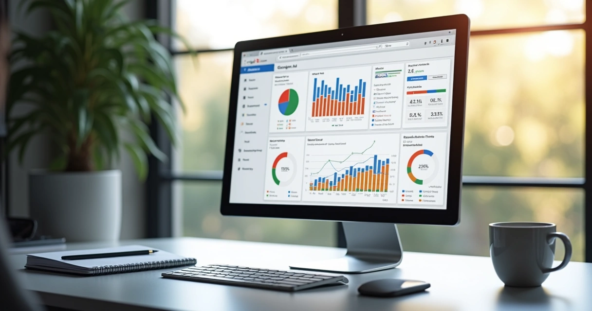Tela de computador mostrando relatório detalhado do Google Ads com gráficos e métricas 