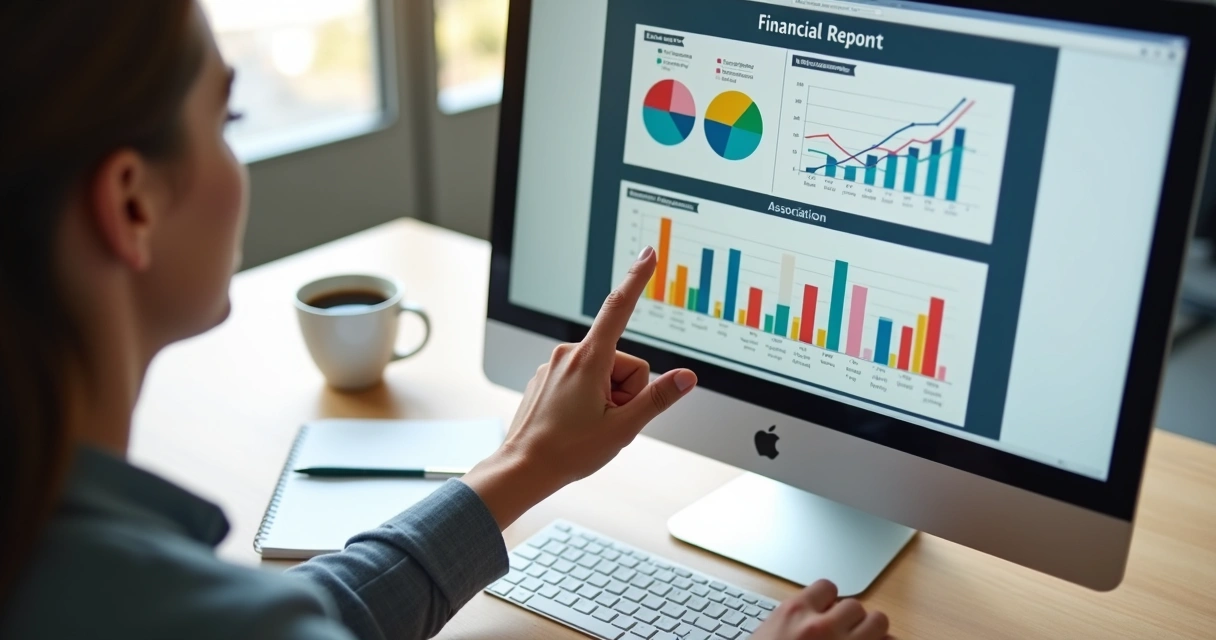 Relatório financeiro de associação com gráficos coloridos em tela de computador 