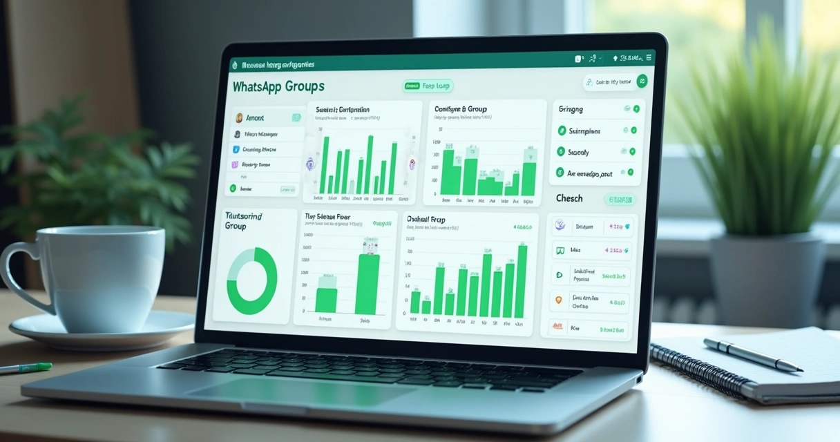 Painel de estatísticas de um grupo do WhatsApp mostrando gráficos e resumos 