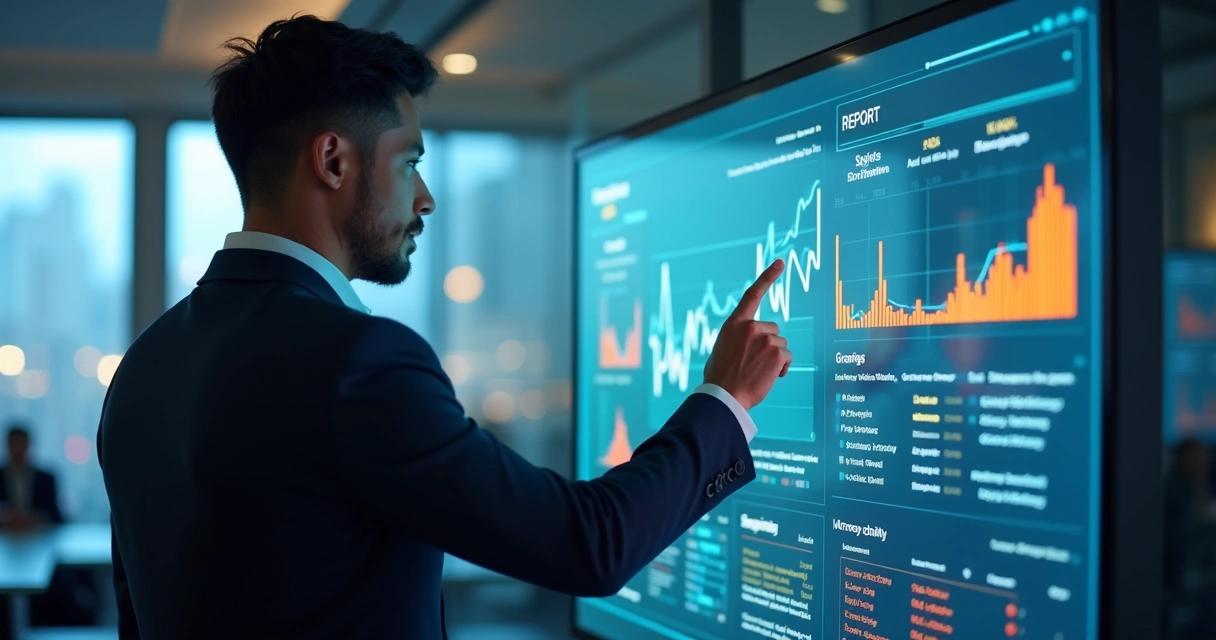 Executivo analisando relatório digital de IA com gráficos de desempenho em tela moderna 