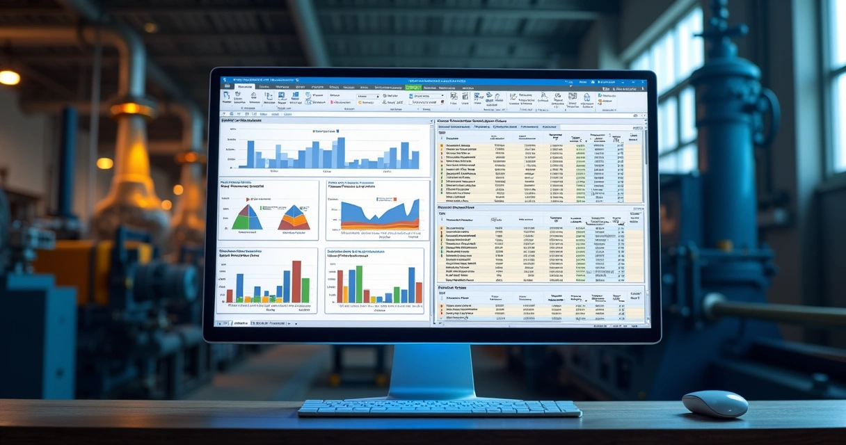 Relatório digital gerado por IA exibindo gráficos de manutenção industrial em tela de notebook
