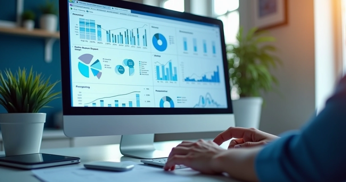 Relatório digital com gráficos em monitor de computador 