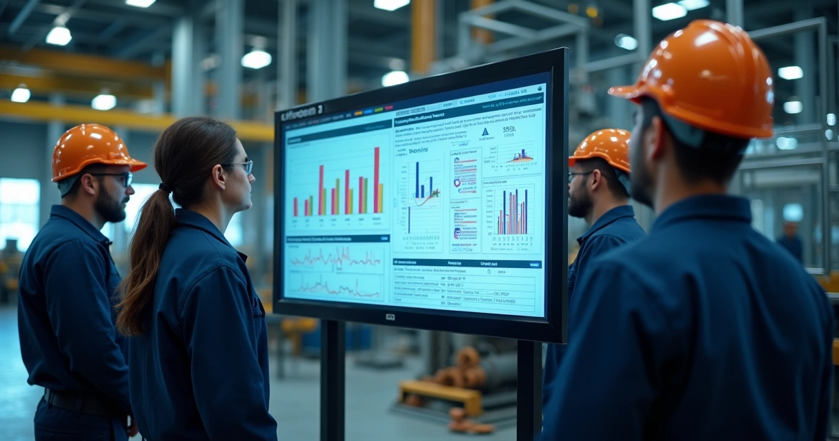 Painel digital mostrando relatório automatizado IA em fábrica industrial 