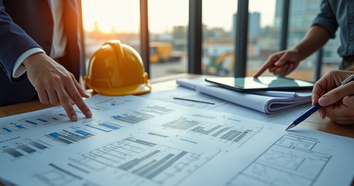 Relatório executivo de IA sobre mesa próxima a projetos e capacetes de obra 