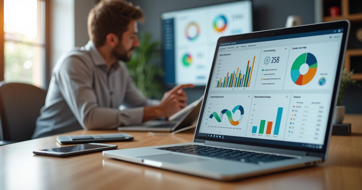 Empresário analisando painel de relatórios automáticos com IA no notebook 