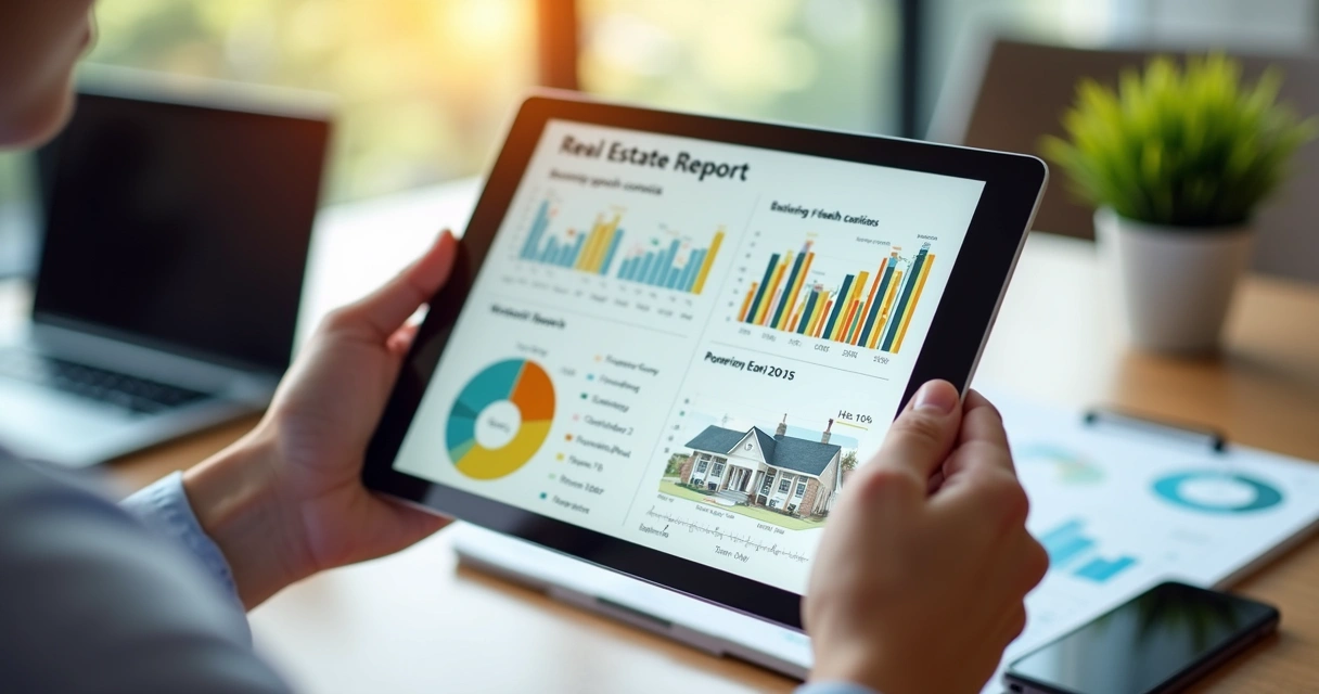 Mão segurando tablet exibindo relatório digital de imóvel com gráficos e dados detalhados