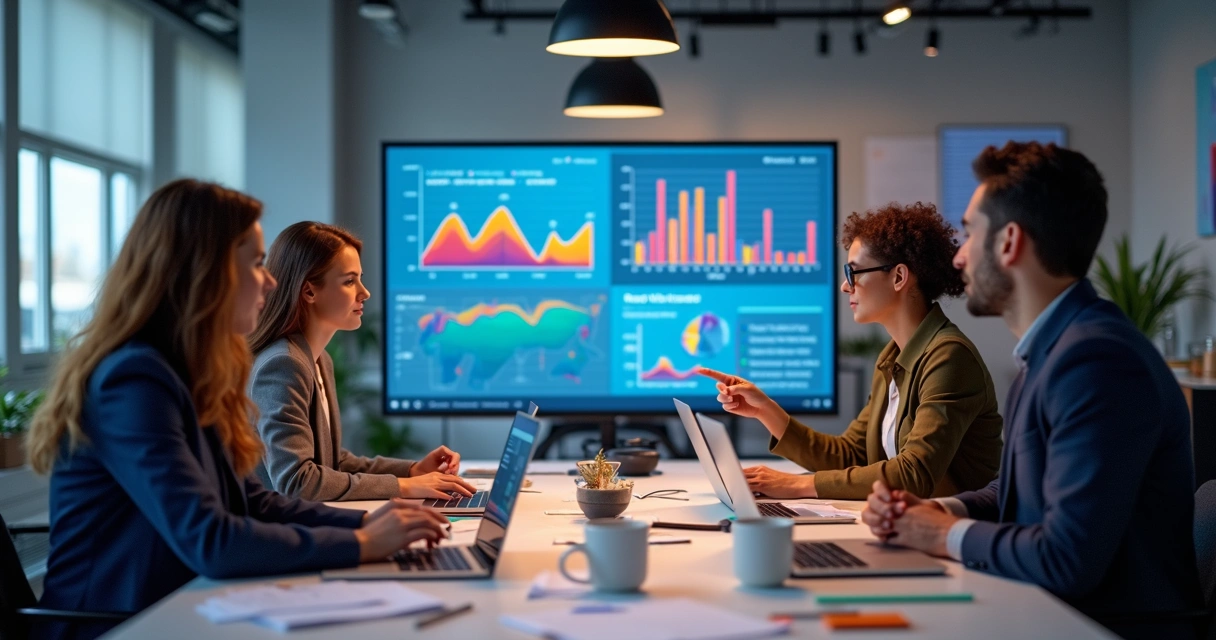 Gráfico colorido em tela grande com dados de impacto digital, equipe da agência analisando e discutindo resultados. 
