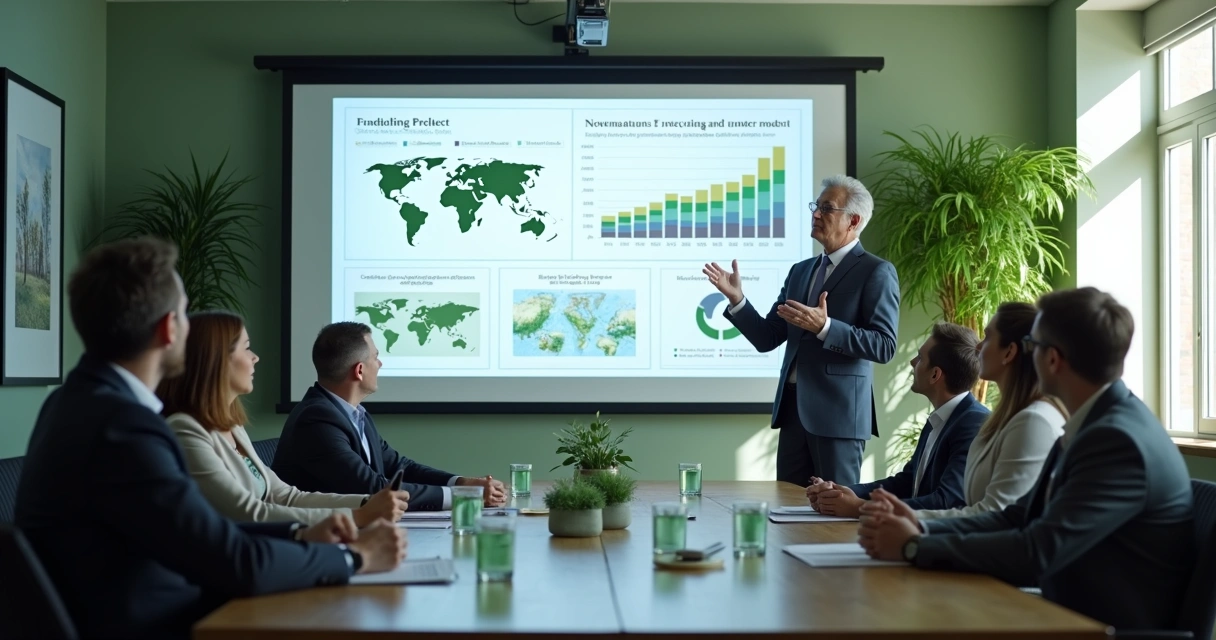 Executivo apresentando relatório ESG em reunião com gestores 