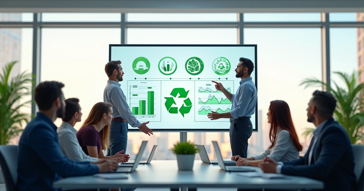 Relatório ESG sendo apresentado em tela grande com dados de reciclagem e equipe reunida