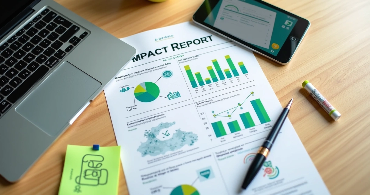 Relatório de impacto com ilustrações de reciclagem e indicadores em mesa de trabalho 