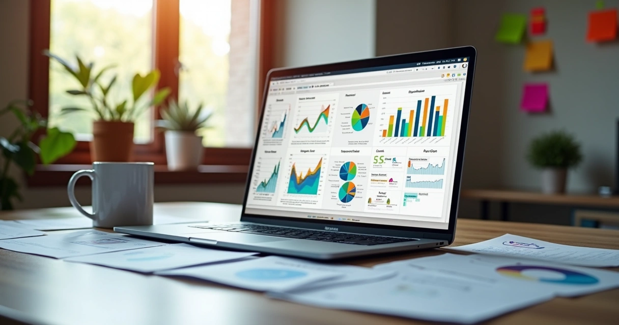 Computador aberto mostrando gráfico de impacto social e relatório 