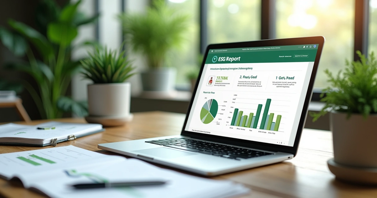 Relatório ESG impresso ao lado de notebook em mesa de escritório sustentável