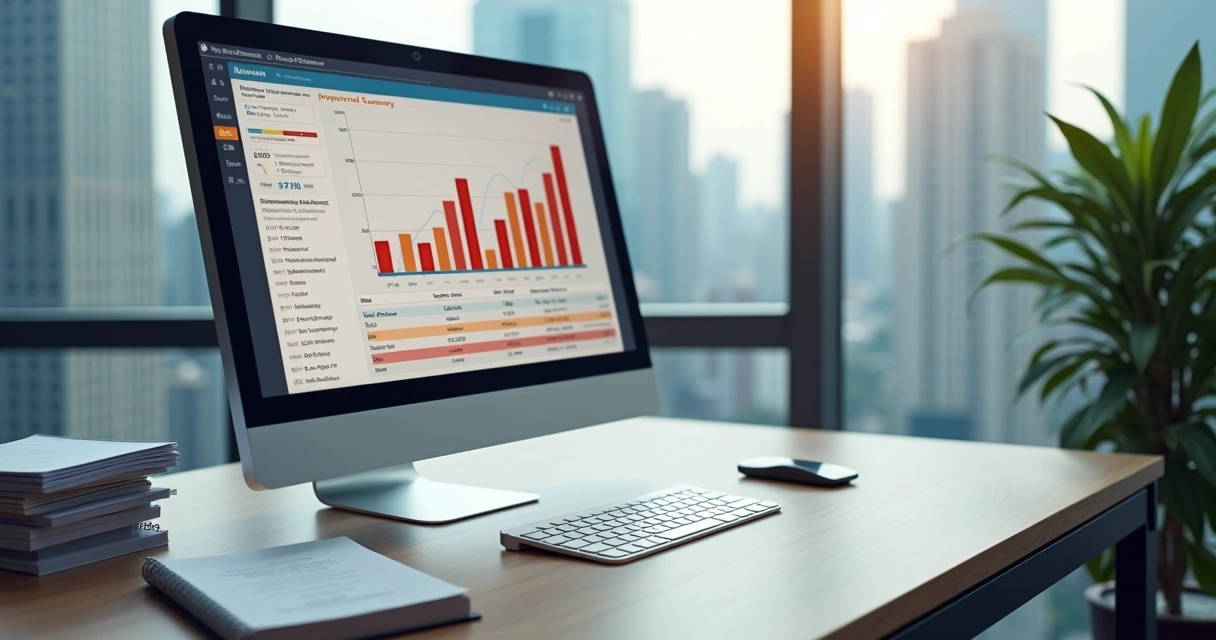 Relatório de imposto de renda com gráfica de barras em monitor