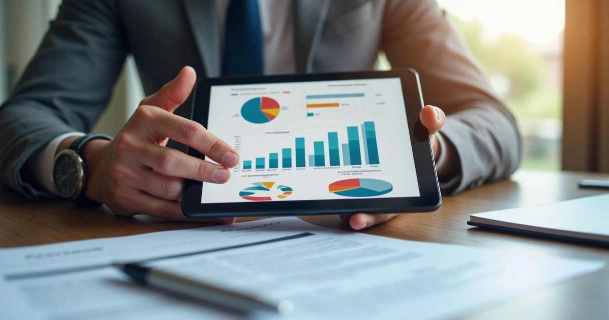 Relatório digital de inadimplência exibido em tablet com gráficos e dados coloridos 
