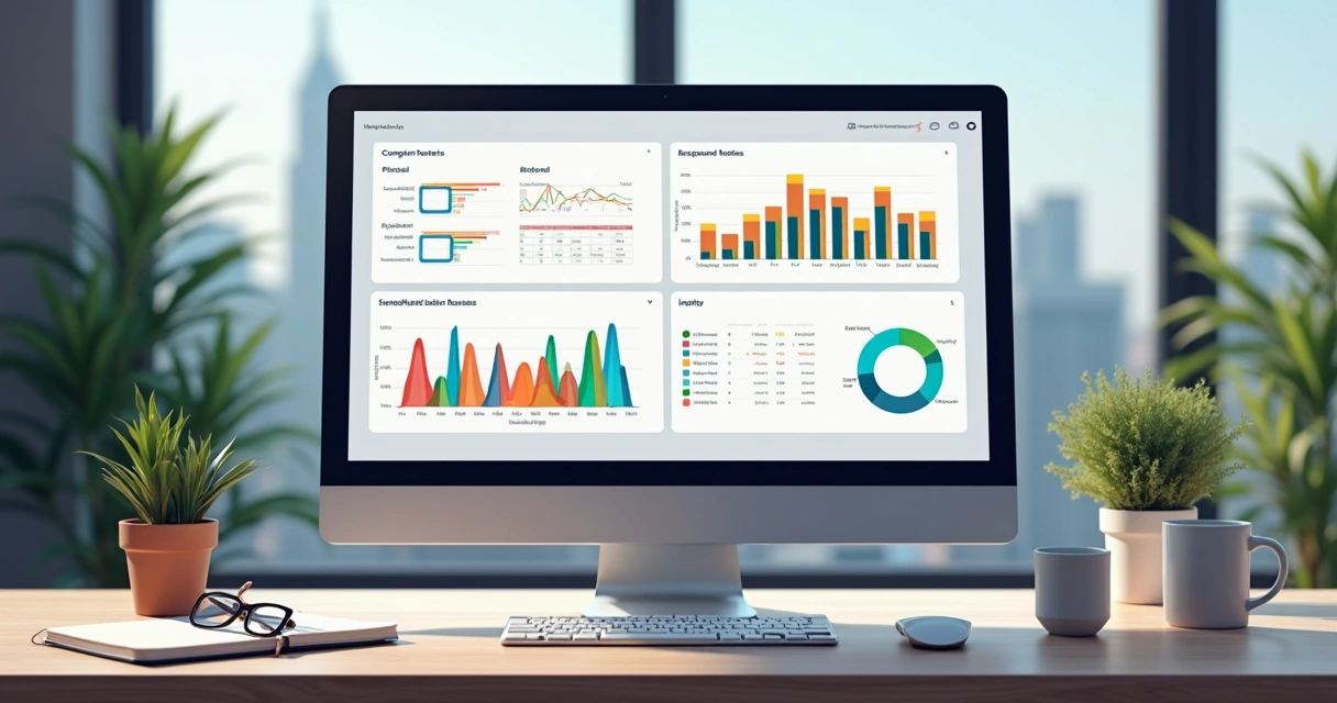 Dashboards e relatórios de compliance em tela de computador, layout corporativo, gráficos coloridos 