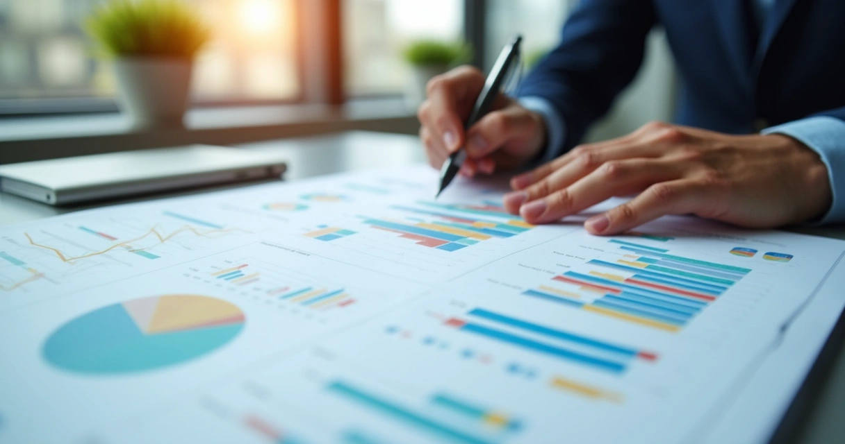 Gráfico de indicadores financeiros sendo analisado em um relatório impresso 