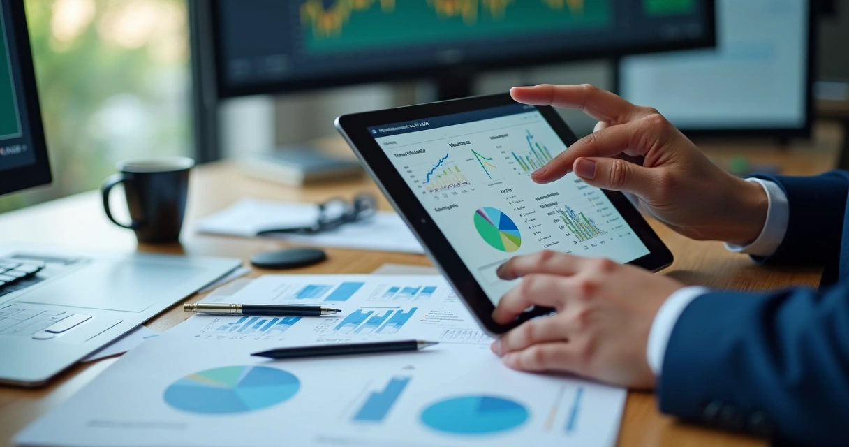 Gestor analisa gráficos de indicadores de frota no tablet 