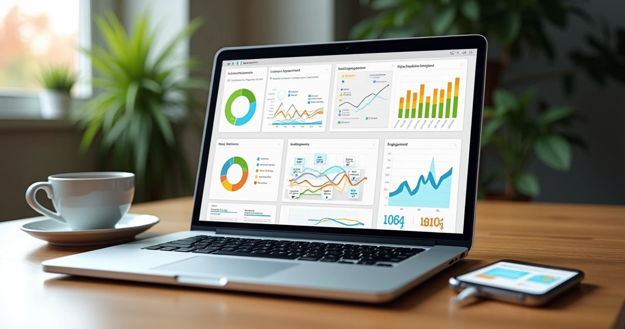 Mesa de trabalho com laptop mostrando relatório digital de indicadores de marketing 