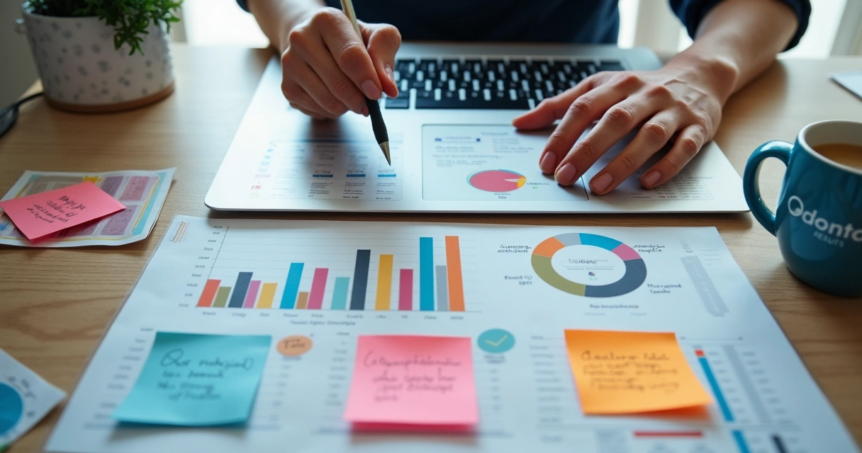 Dashboard de indicadores de marketing odontológico em laptop 