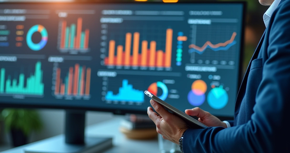 Dashboard com indicadores de SST, gráficos coloridos e listas de tarefas visíveis na tela 