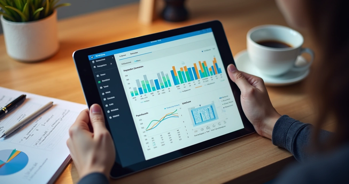 Relatório digital de vendas com gráficos, números em tela e anotações manuais 