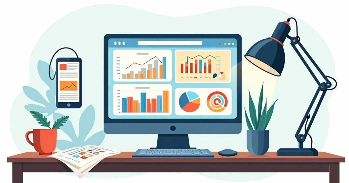 Relatório detalhado com gráficos de reputação e score de influenciador numa mesa moderna