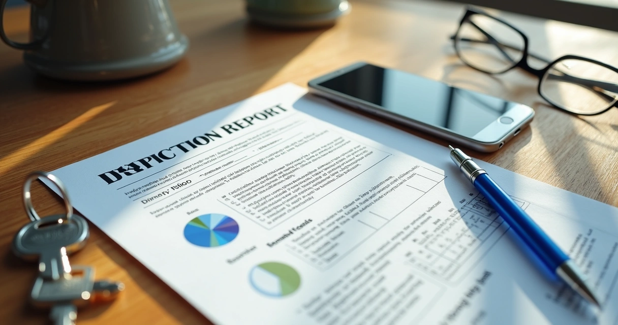 Relatório impresso de inspeção de imóvel e chaves de casa em uma mesa