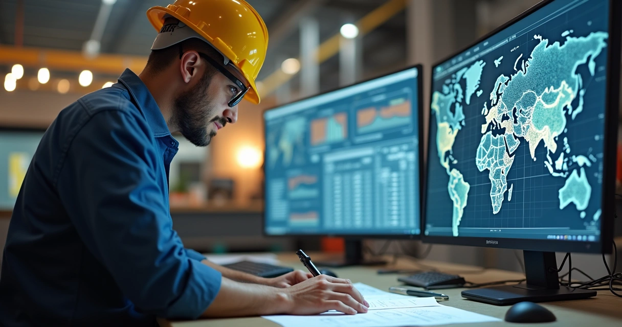 Engenheiro coordenador utilizando tela digital com gráficos de obras ao lado de equipe em reunião com documentos manuais 