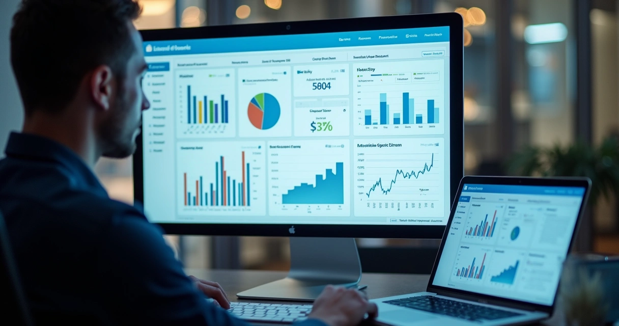 Dashboard de software mostrando relatórios fiscais automáticos em tela de computador
