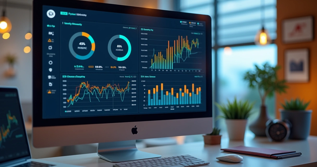 Painel de relatórios de vendas imobiliárias exibindo métricas e gráficos na tela do computador 