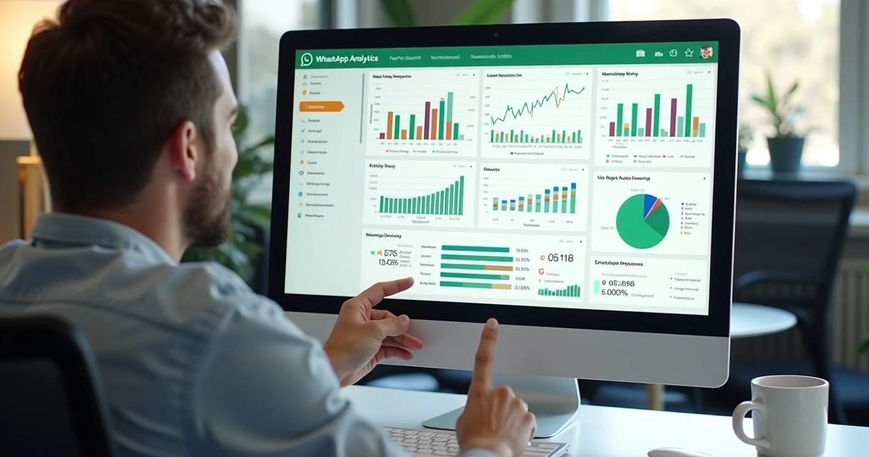 Tela de computador exibindo gráficos de vendas do WhatsApp com indicadores em destaque 