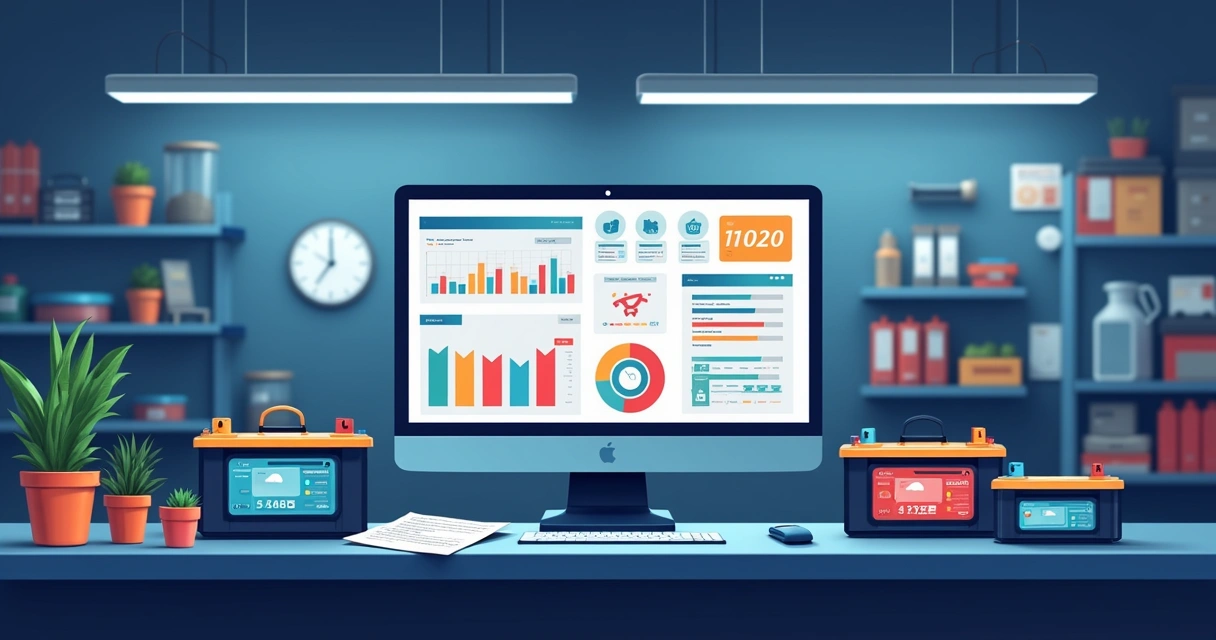 Dashboard digital mostrando gráficos de giro de baterias e alertas automáticos, ambiente de oficina. 