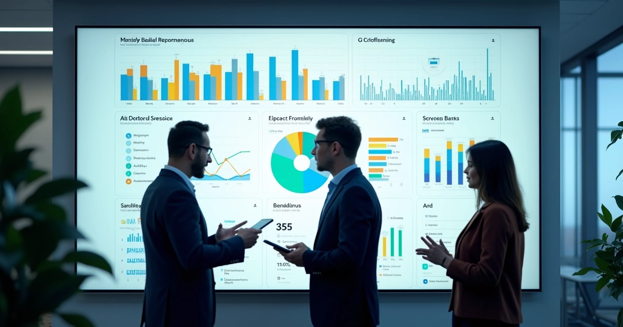 Relatório inteligente de helpdesk exibido em tela widescreen em ambiente empresarial moderno 
