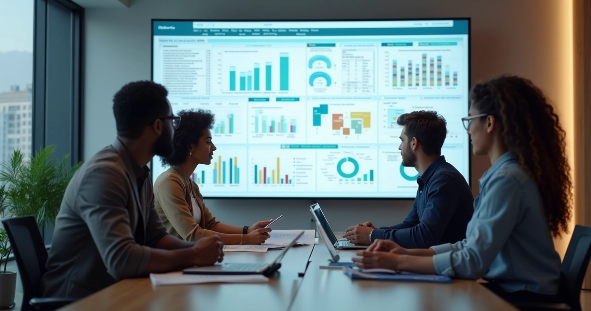 Relatório digital de obra sendo analisado por equipe em escritório moderno 