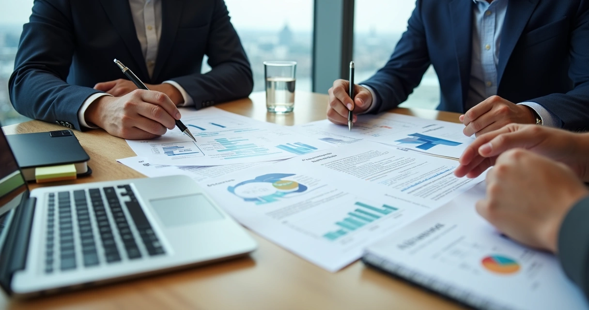 Advogado e investidores examinando relatório jurídico em mesa redonda com destaque para gráficos e anotações 