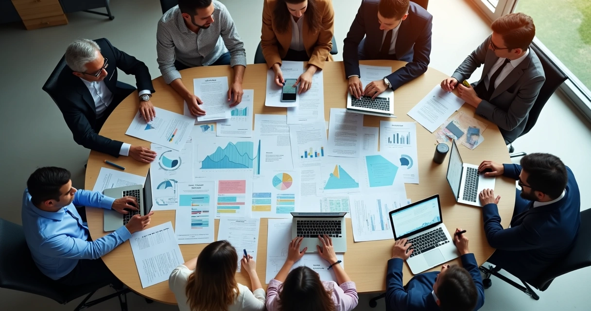 Reunião com equipe analisando documentos jurídicos sobre a mesa 