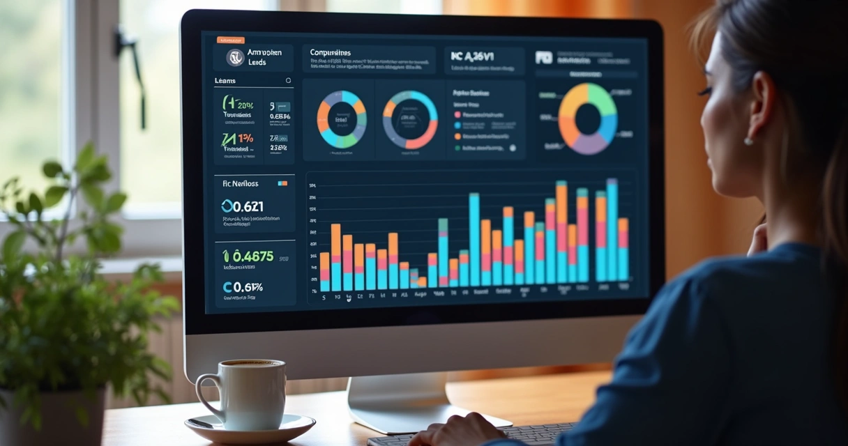 Relatório digital exibindo KPIs com gráfico de leads e ROI para empresa de tecnologia 