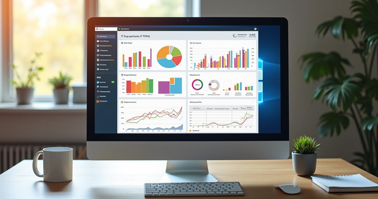 Relatório de KPIs de help desk de TI em tela de computador com gráficos 