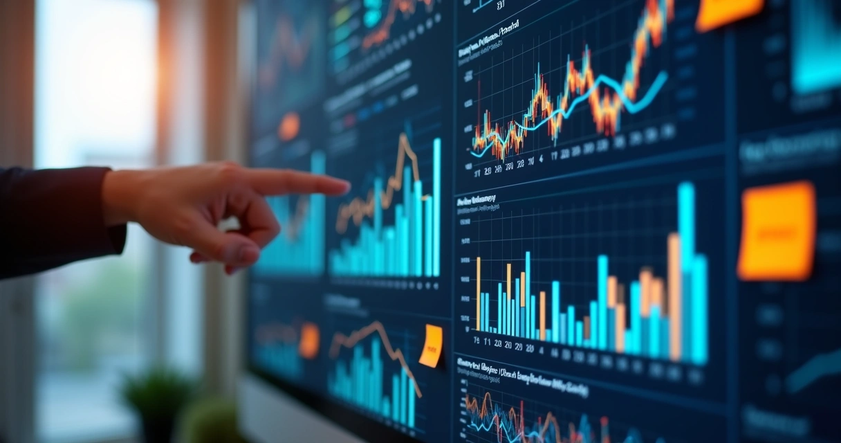 Tela de relatório com gráficos de KPIs de negócio e inteligência artificial 