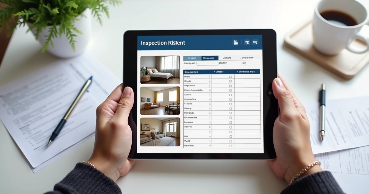 Relatório de vistoria digital sendo preenchido em tablet 