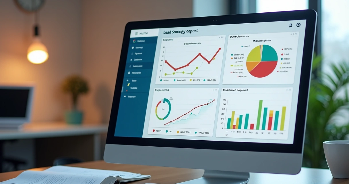 Tela de computador com relatório de lead scoring colorido, ícones de análise ao lado 
