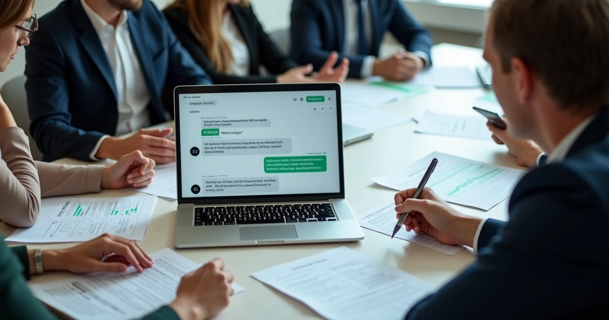 Equipe analisando planilhas e documentos de relatório manual para grupo WhatsApp 