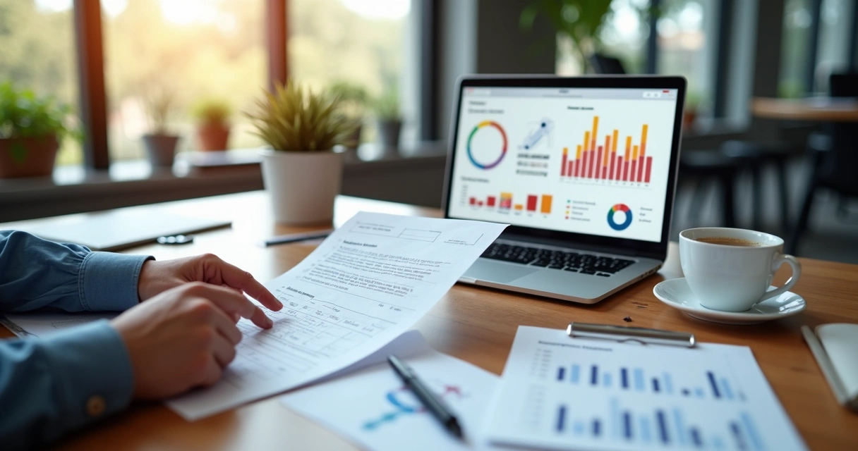 Duas mãos analisando relatórios distintos em uma mesa com laptop, planilhas e gráficos 