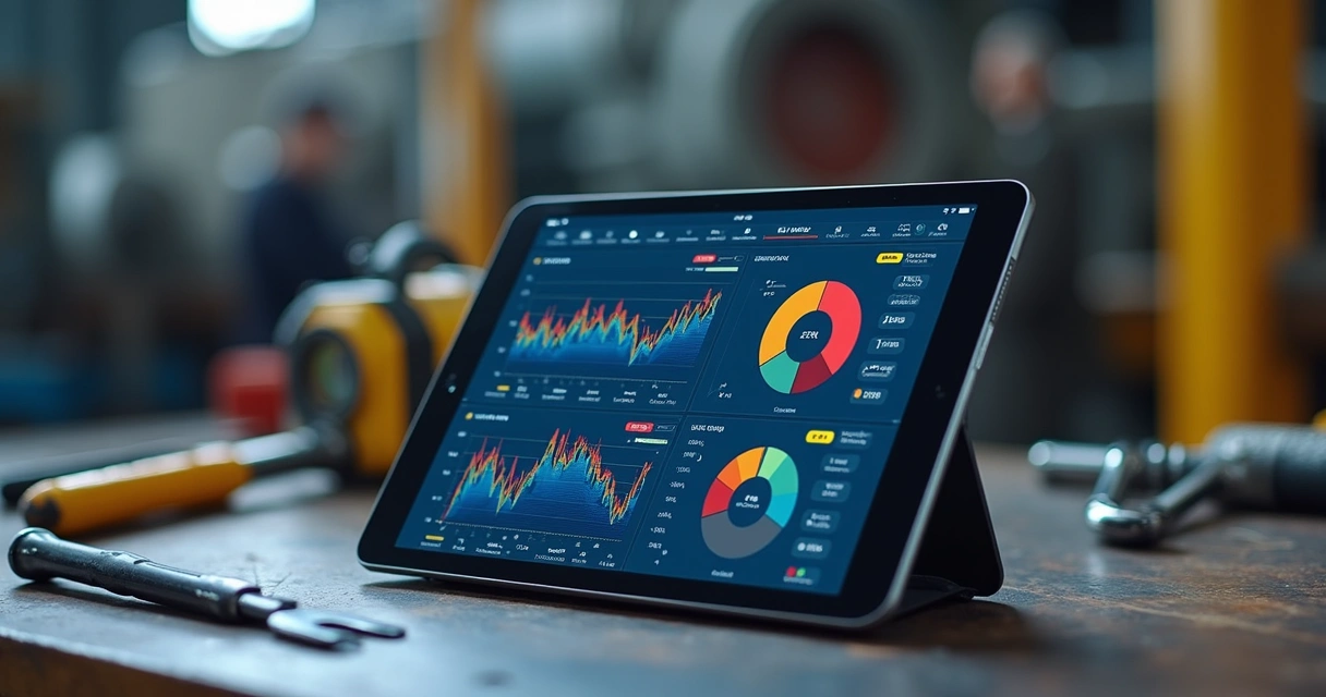 Relatório digital de manutenção com gráficos de sensores em tela de tablet 