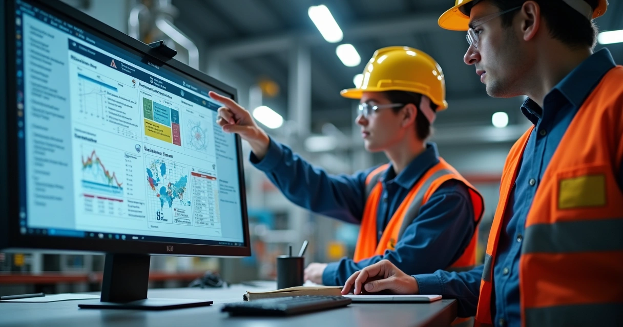 Ambiente industrial com relatório de manutenção em tela de computador 