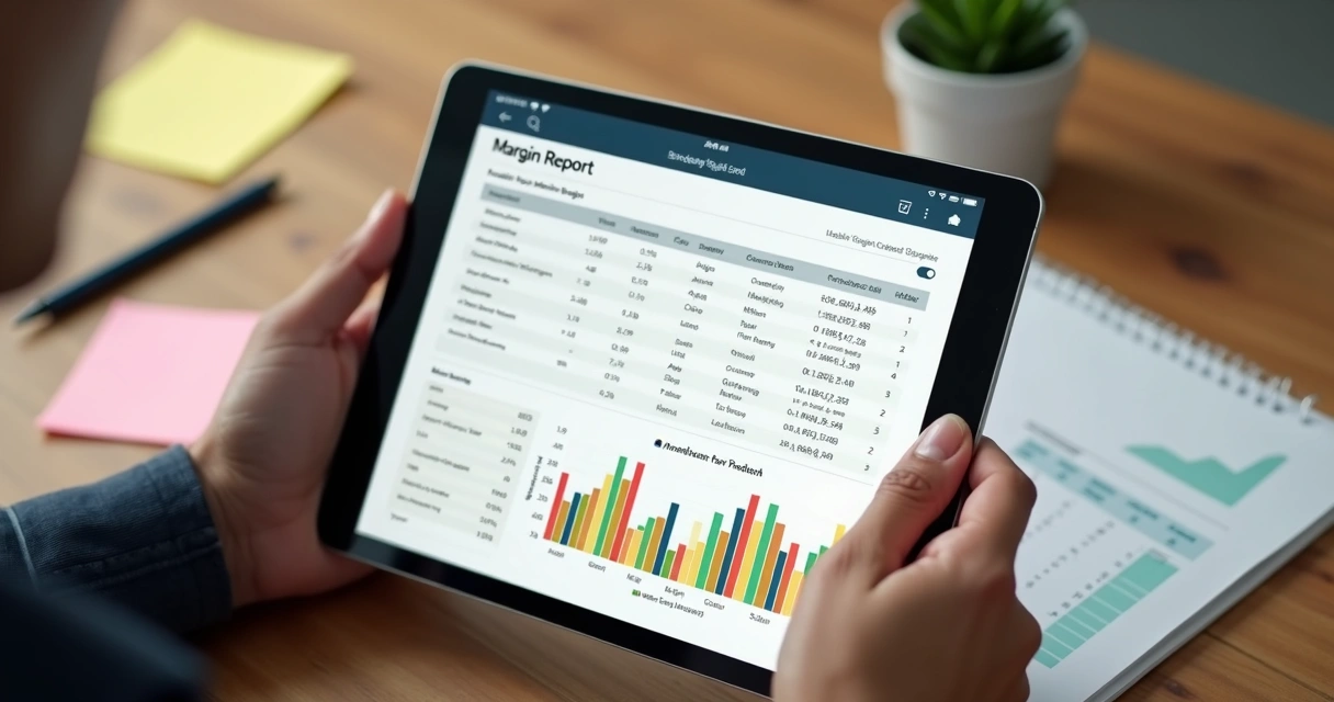 Relatório de margem de lucro de produtos na tela de tablet 